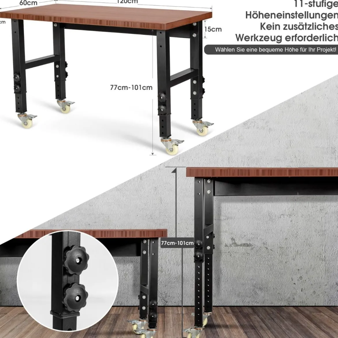 Strapazierfähiger Arbeitstisch aus Bambus verstellbare Werkbank 120 x 60 x 77-101 cm Braun