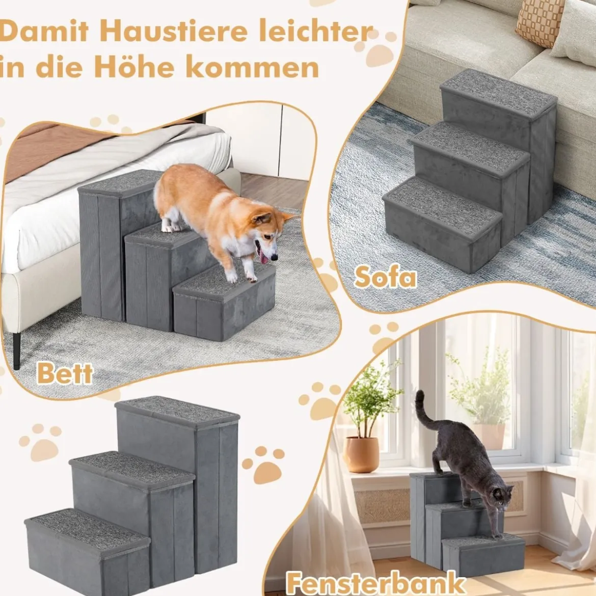 3-Stufen Hundetreppe Rutschfeste Faltbare Hunderrampe Tragbare Haustier Kletterleiter