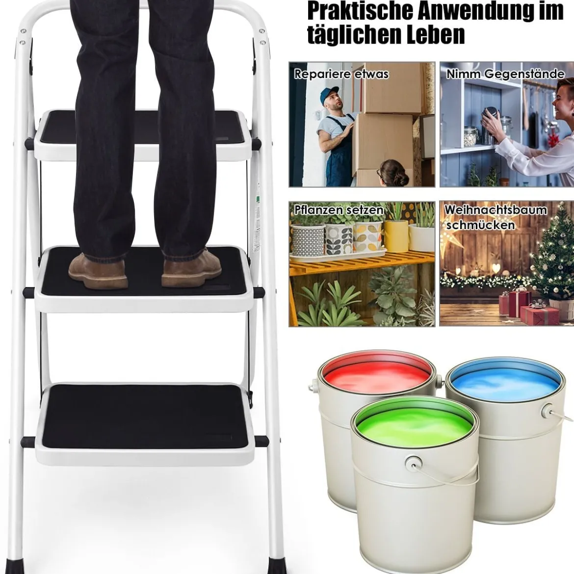 3 Stufen Klappleiter mit Praktischem Handgriff Belastbarkeit von 150kg