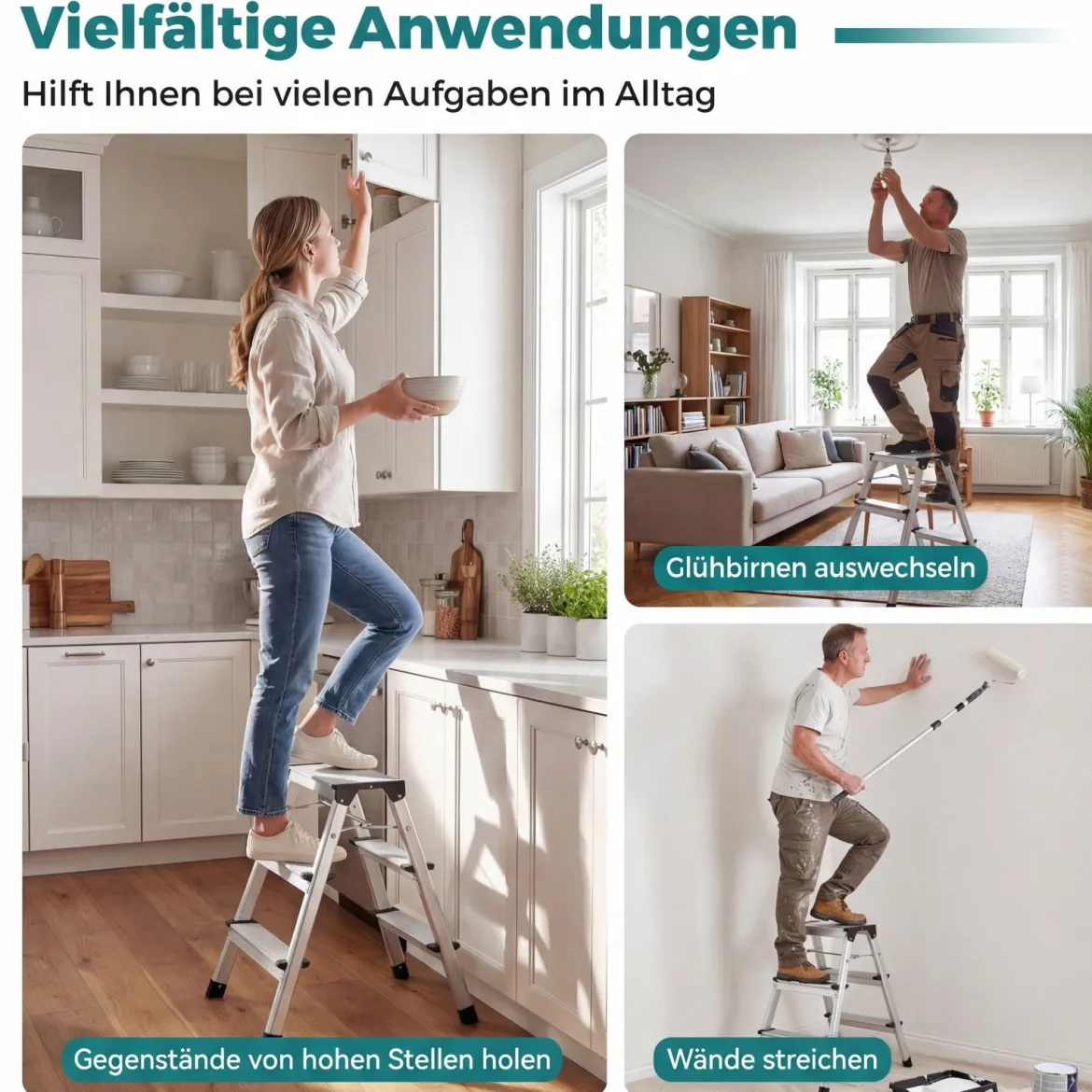 3-Stufen-Leiter Aluminium klappbarer Tritthocker mit breiten Trittflächen & rutschfesten Fußpads Silber
