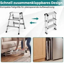3-Stufen-Leiter Aluminium klappbarer Tritthocker mit breiten Trittflächen & rutschfesten Fußpads Silber