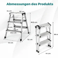 3-Stufen-Leiter Aluminium klappbarer Tritthocker mit breiten Trittflächen & rutschfesten Fußpads Silber