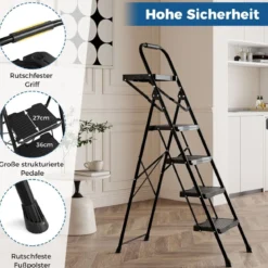 4 Stufen Leiter mit Werkzeugablag & Rutschfesten Pedalen Klappbarer Trittleiter bis 150 kg Belastbar