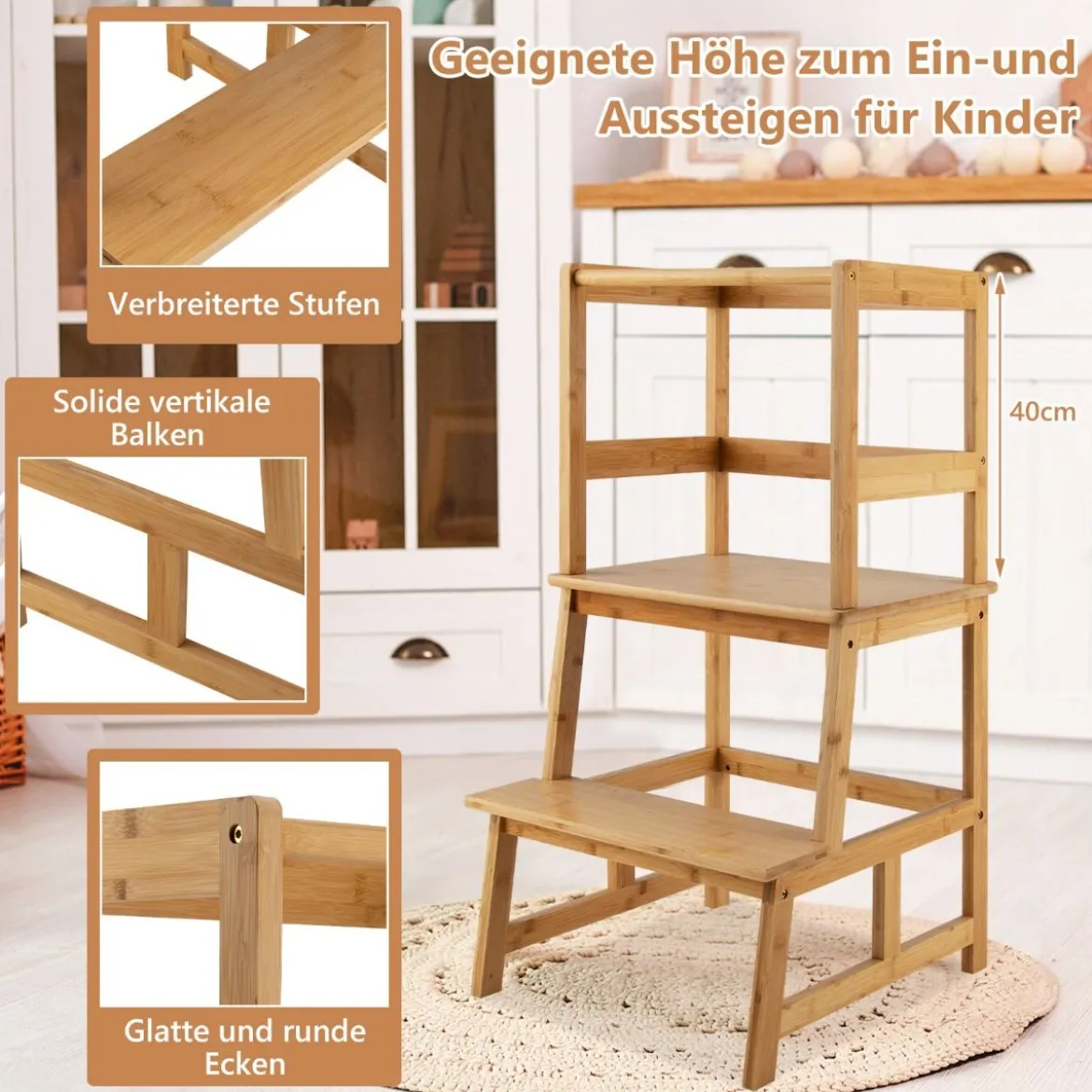 2 Stufen Lernturm Kinder Tritthocker mit Handlauf 46 x 46 x 90 cm Natur