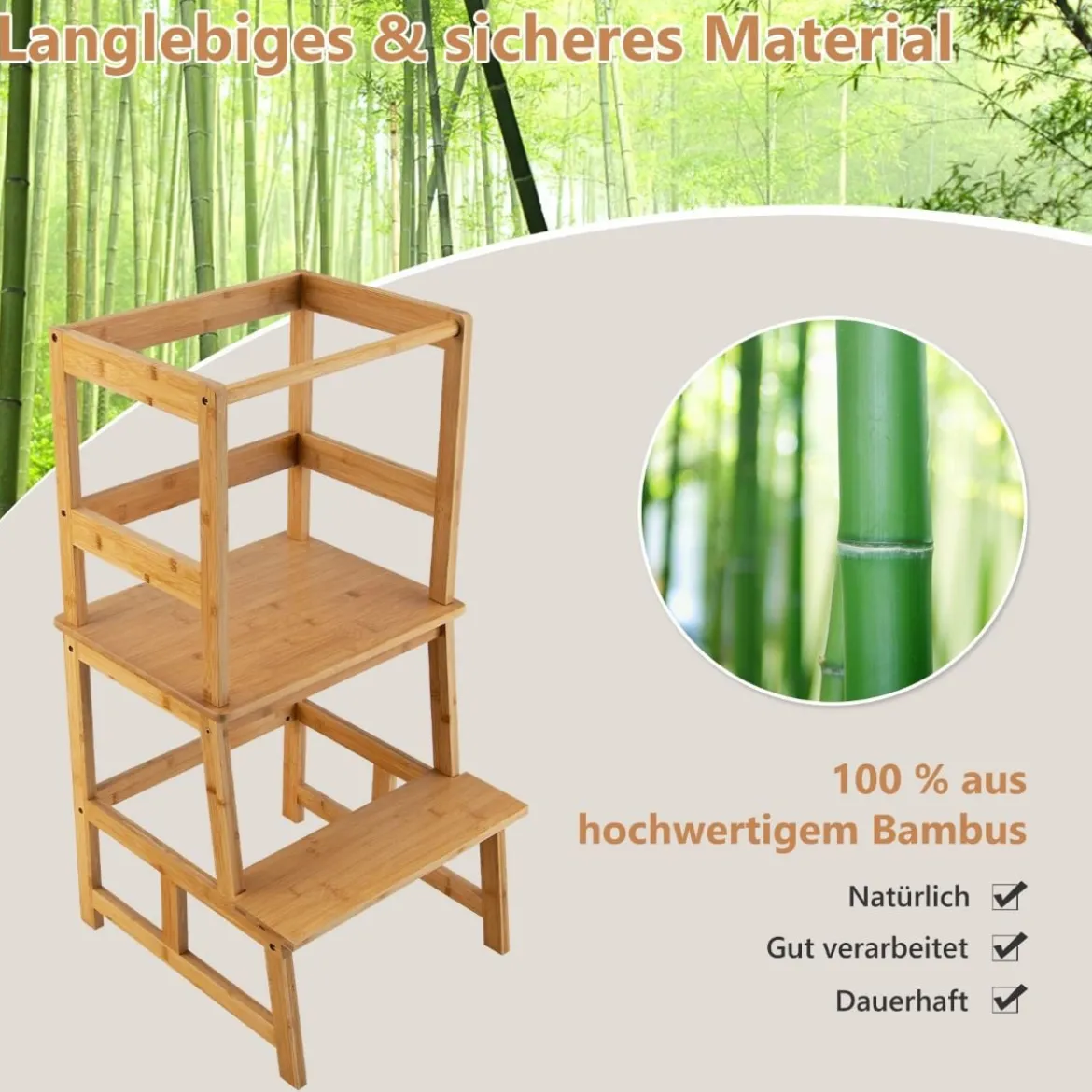 2 Stufen Lernturm Kinder Tritthocker mit Handlauf 46 x 46 x 90 cm Natur