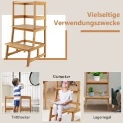 2 Stufen Lernturm Kinder Tritthocker mit Handlauf 46 x 46 x 90 cm Natur