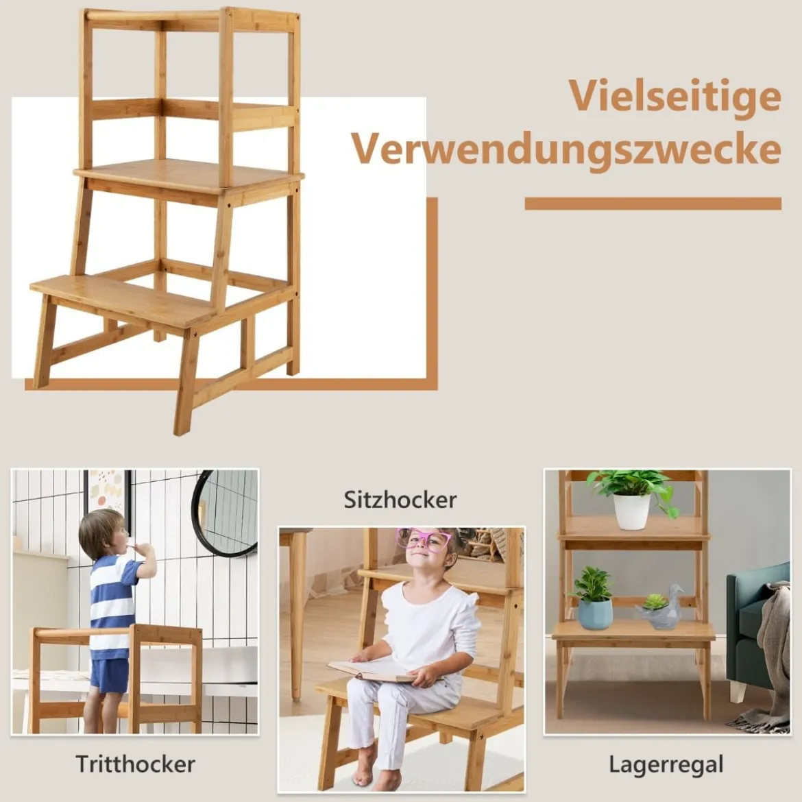 2 Stufen Lernturm Kinder Tritthocker mit Handlauf 46 x 46 x 90 cm Natur