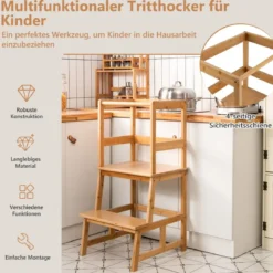 2 Stufen Lernturm Kinder Tritthocker mit Handlauf 46 x 46 x 90 cm Natur
