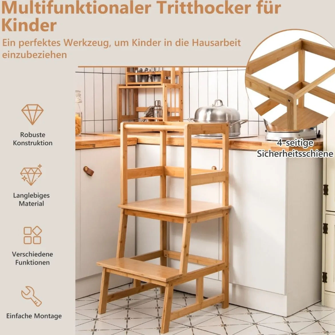 2 Stufen Lernturm Kinder Tritthocker mit Handlauf 46 x 46 x 90 cm Natur