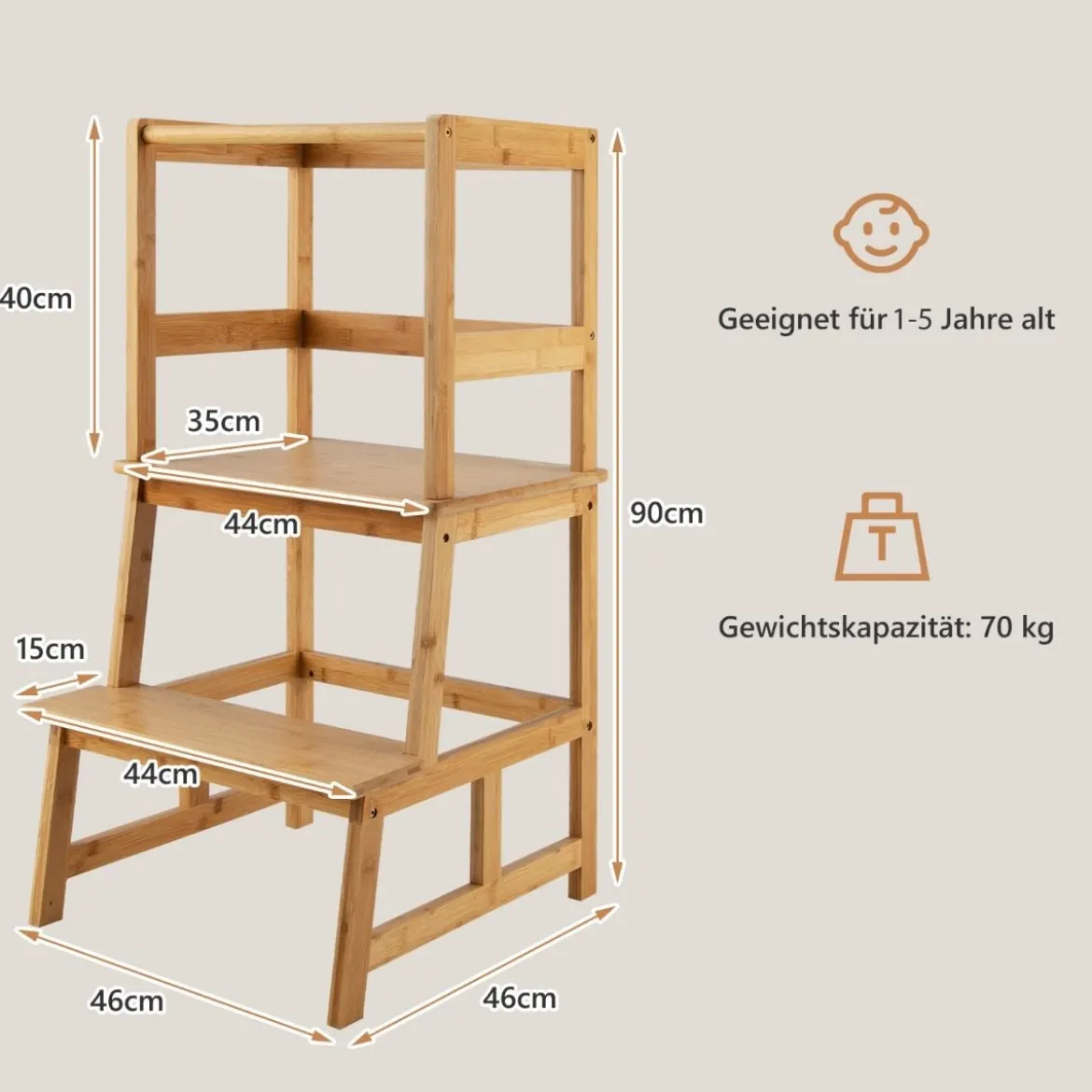 2 Stufen Lernturm Kinder Tritthocker mit Handlauf 46 x 46 x 90 cm Natur
