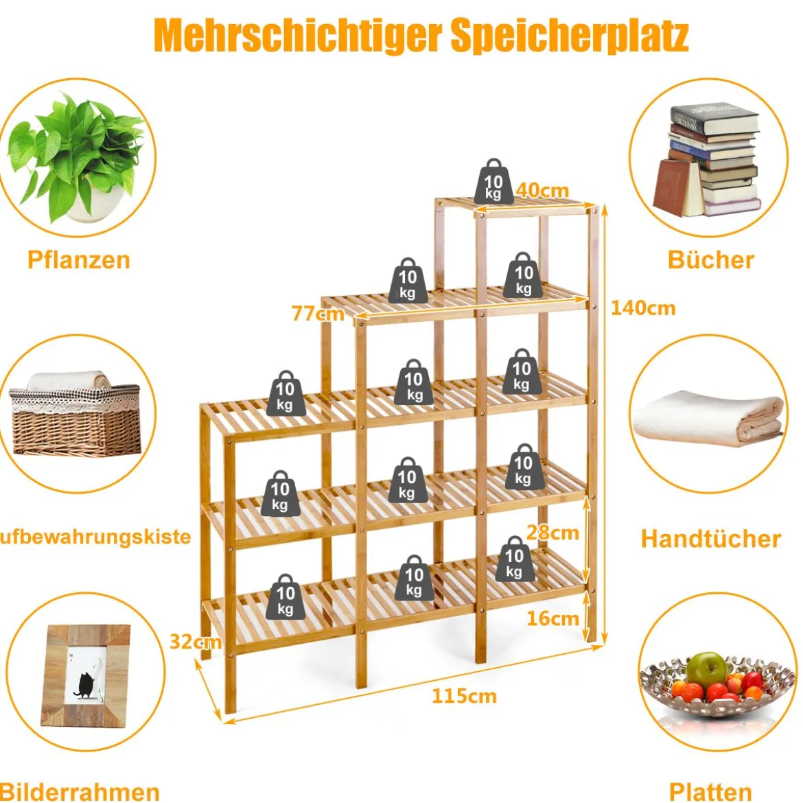 5-stufig Bücherregal Bambus Pflanzenregal Standregal Treppenregal
