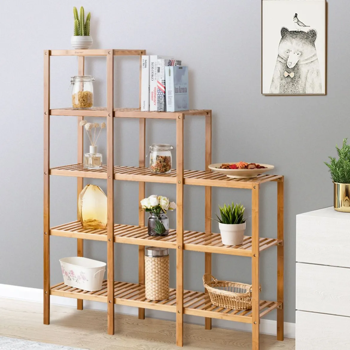5-stufig Bücherregal Bambus Pflanzenregal Standregal Treppenregal