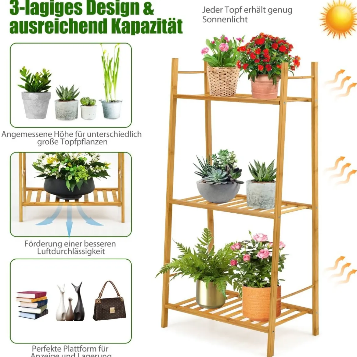 3-Stufige Bambusleiter Freistehendes Eck-Pflanzenregal 49 x 31 x 98 cm Natur