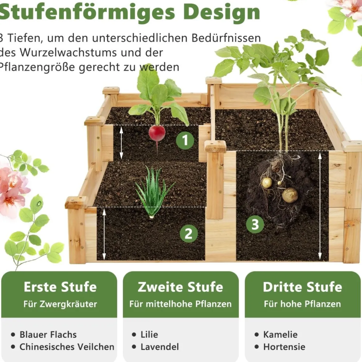 3-stufige Blumenkasten aus Tannenholz mit offenem Boden 107,5 x 87 x 37 cm
