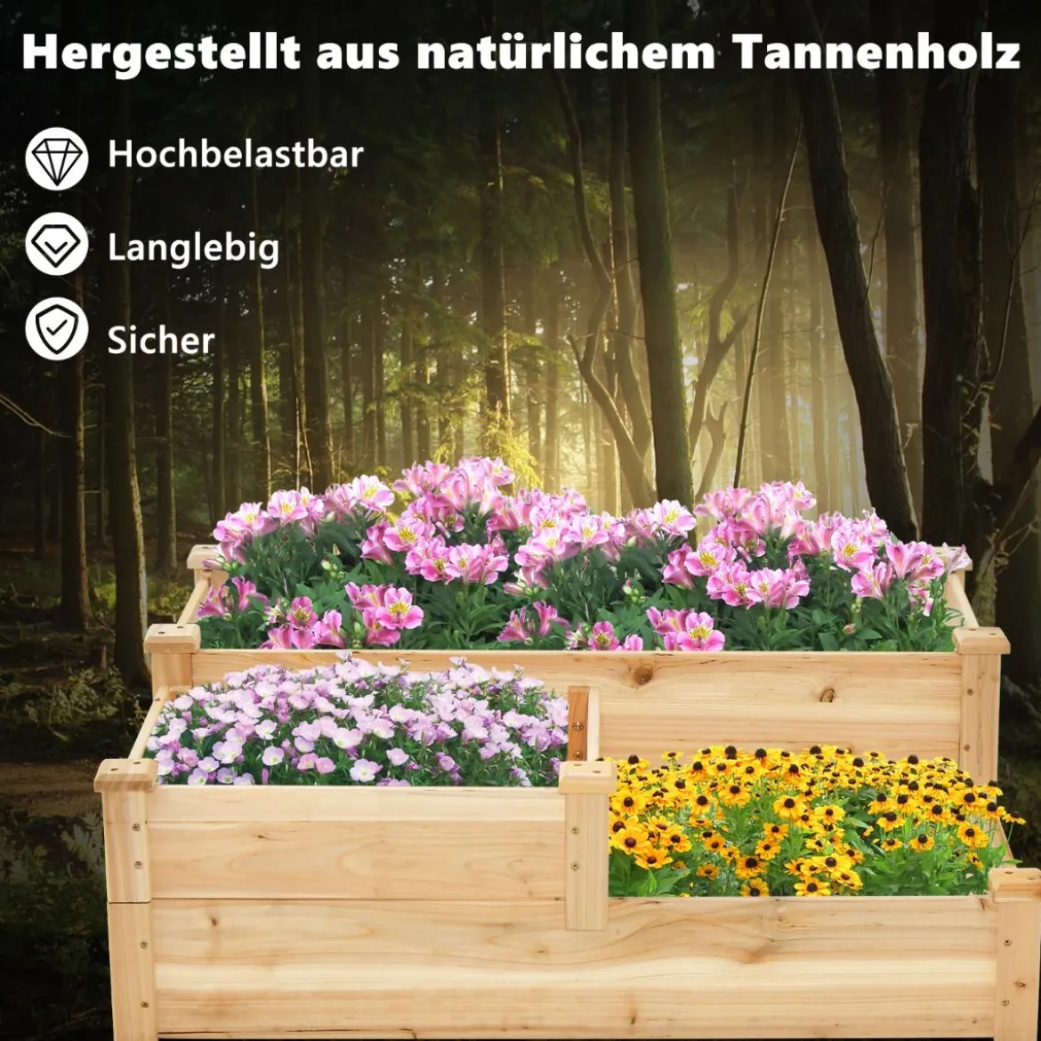 3-stufige Blumenkasten aus Tannenholz mit offenem Boden 107,5 x 87 x 37 cm
