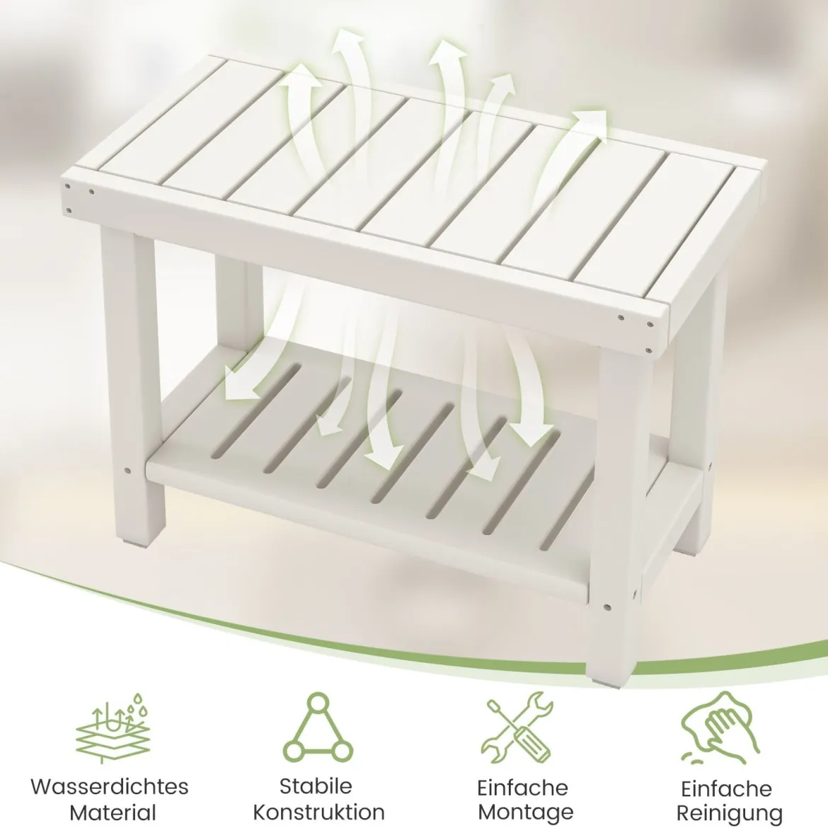 2-stufige Duschbank wasserdichter HDPE-Badezimmer-Duschhocker mit Aufbewahrungsfach Weiß