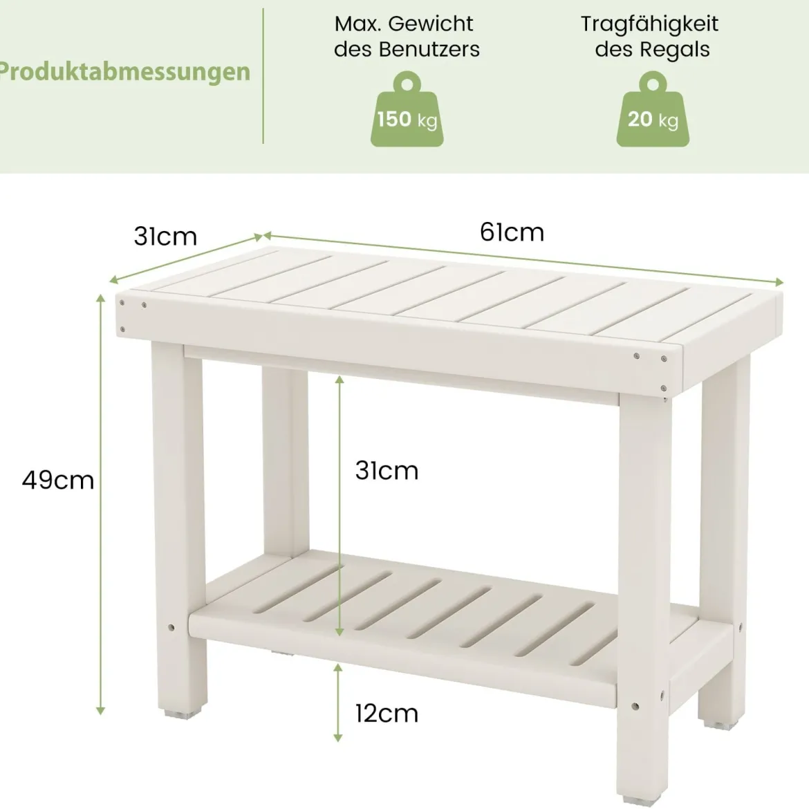 2-stufige Duschbank wasserdichter HDPE-Badezimmer-Duschhocker mit Aufbewahrungsfach Weiß