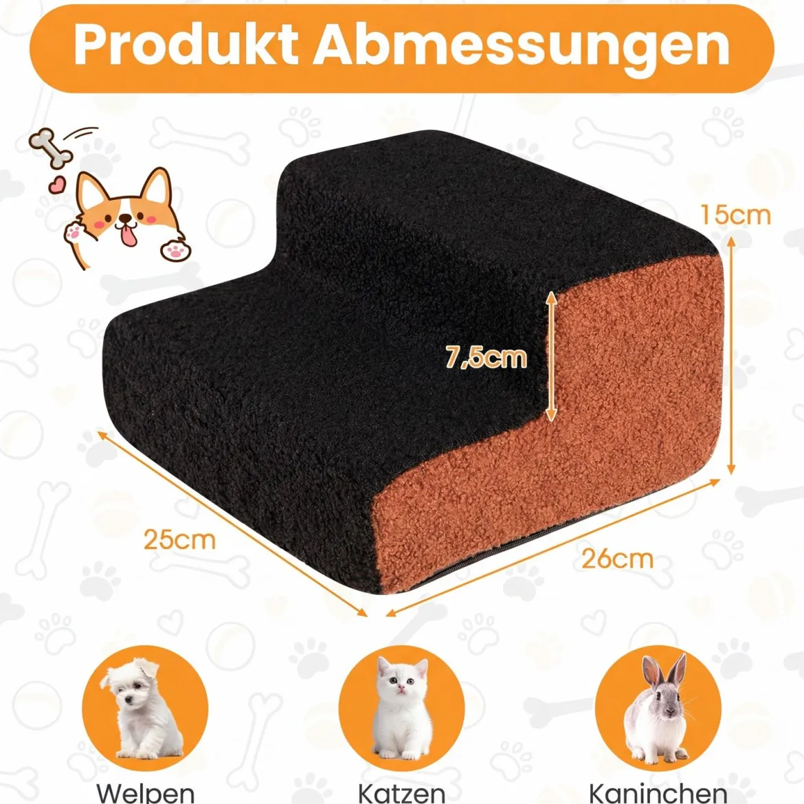 2-stufige Hunderampe aus Schaumstoff mit Waschbarem Bezug & Rutschfestem Boden Schwarz