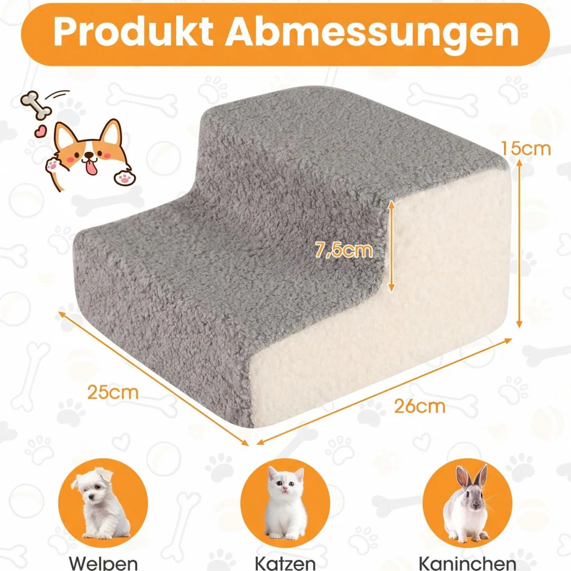 2-stufige Hunderampe aus Schaumstoff mit Waschbarem Bezug & Rutschfestem Boden Grau