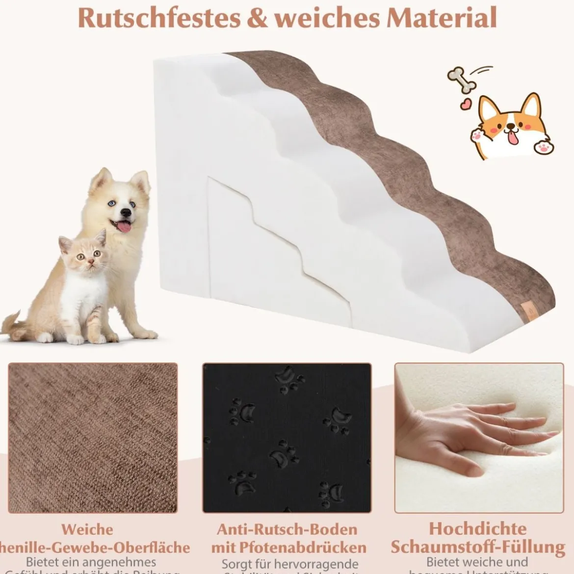 5-& 3-stufige Hundetreppe mit Chenille-Stoffoberfläche & Tierhaarbürste Rutschfest Braun