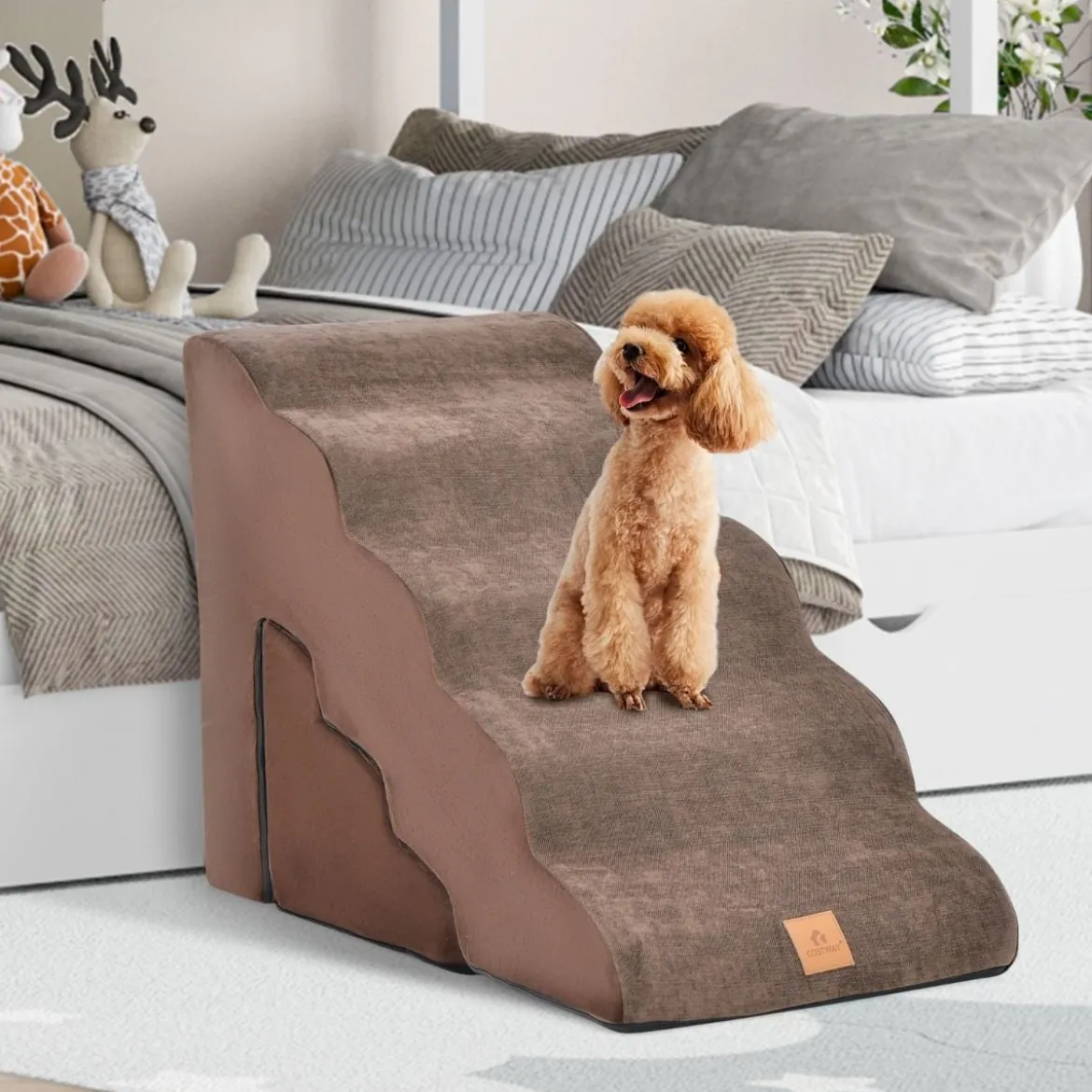 5-& 3-stufige Hundetreppe mit Chenille-Stoffoberfläche & Tierhaarbürste Rutschfest Braun