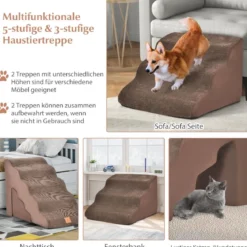 5-& 3-stufige Hundetreppe mit Chenille-Stoffoberfläche & Tierhaarbürste Rutschfest Braun