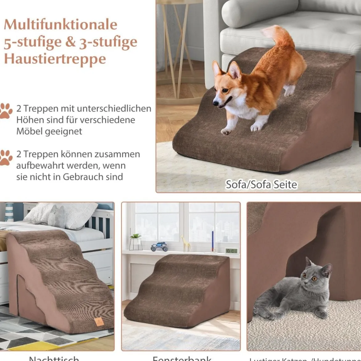 5-& 3-stufige Hundetreppe mit Chenille-Stoffoberfläche & Tierhaarbürste Rutschfest Braun