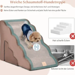 5-& 3-stufige Hundetreppe mit Chenille-Stoffoberfläche & Tierhaarbürste Rutschfest Braun