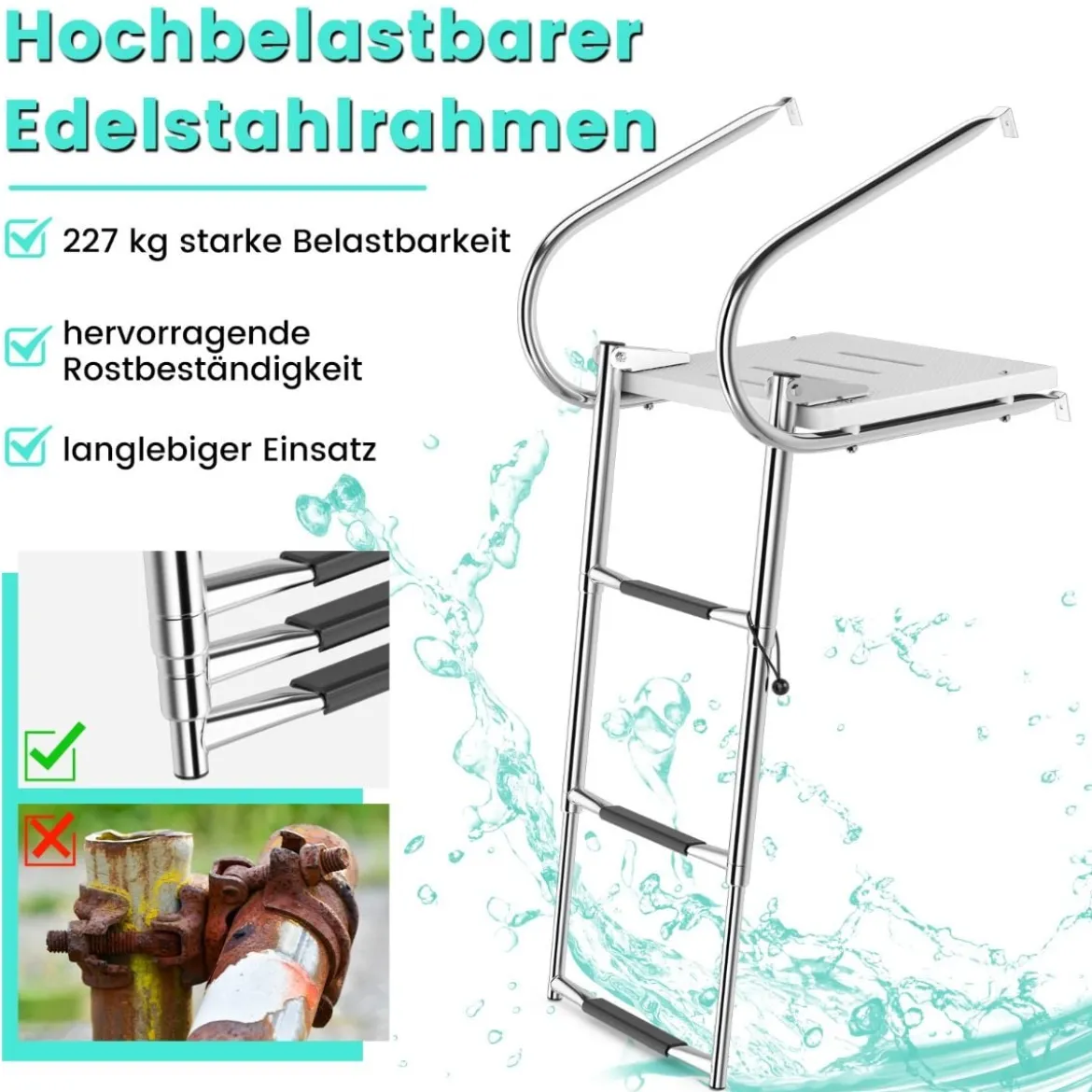 3-stufige Klappbare Teleskop-Bootleiter mit Fiberglasplattform & 2 Handläufen 51,5 x 45 x 37,5 cm