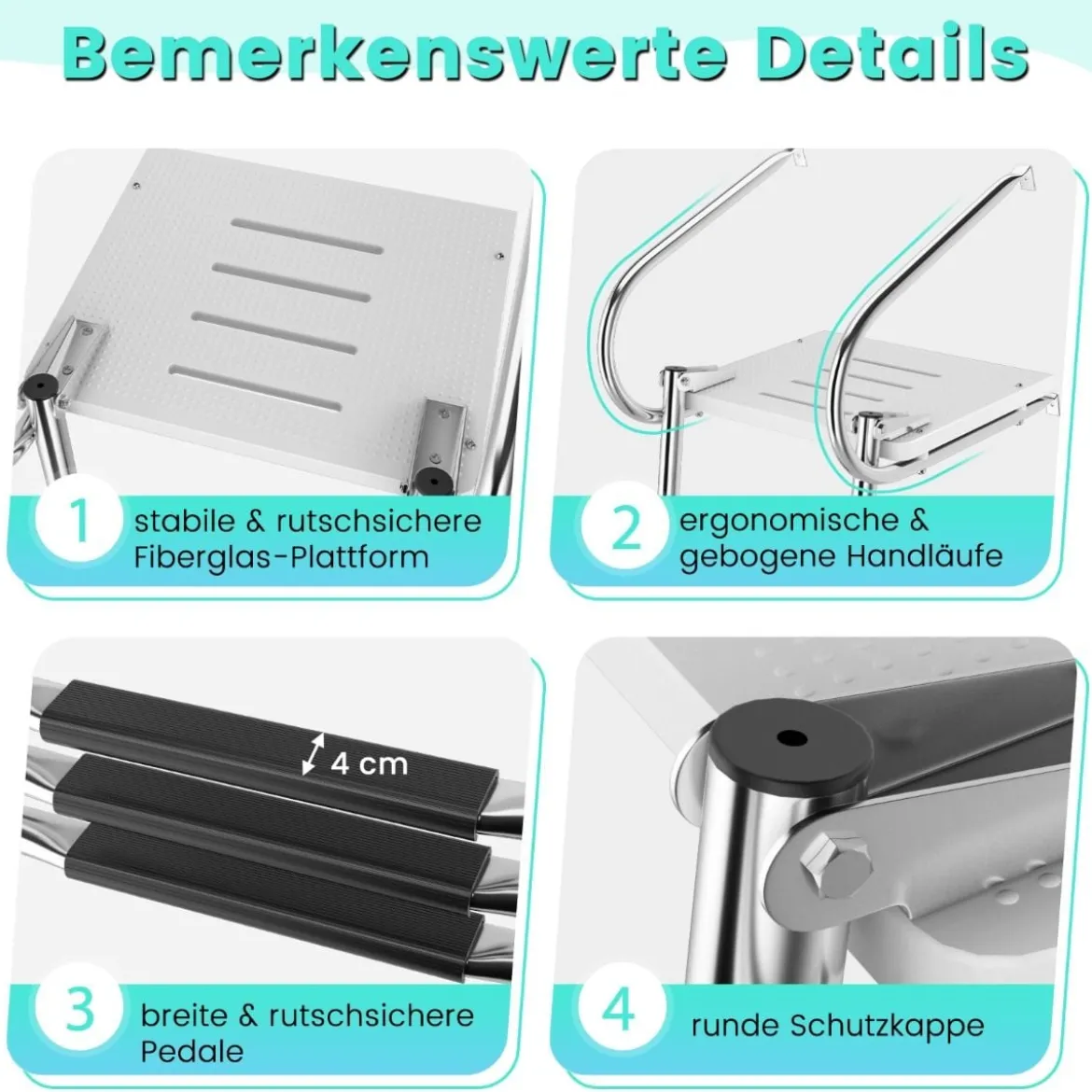 3-stufige Klappbare Teleskop-Bootleiter mit Fiberglasplattform & 2 Handläufen 51,5 x 45 x 37,5 cm