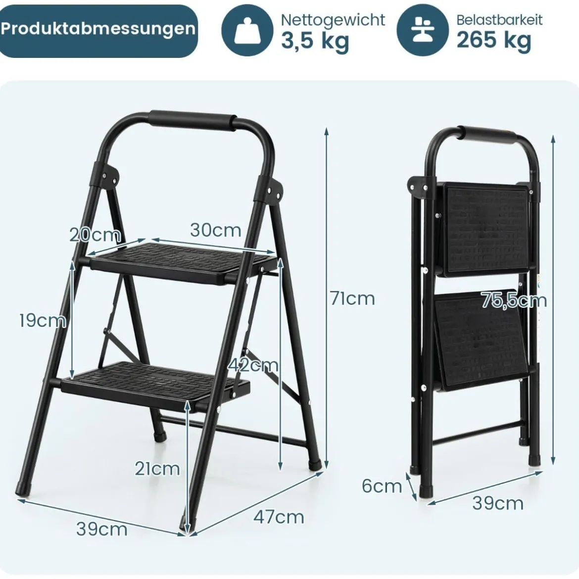2-Stufige Leiter Klappbarer Tritthocker mit Gepolstertem Handgriff 47 x 39 x 71 cm Schwarz
