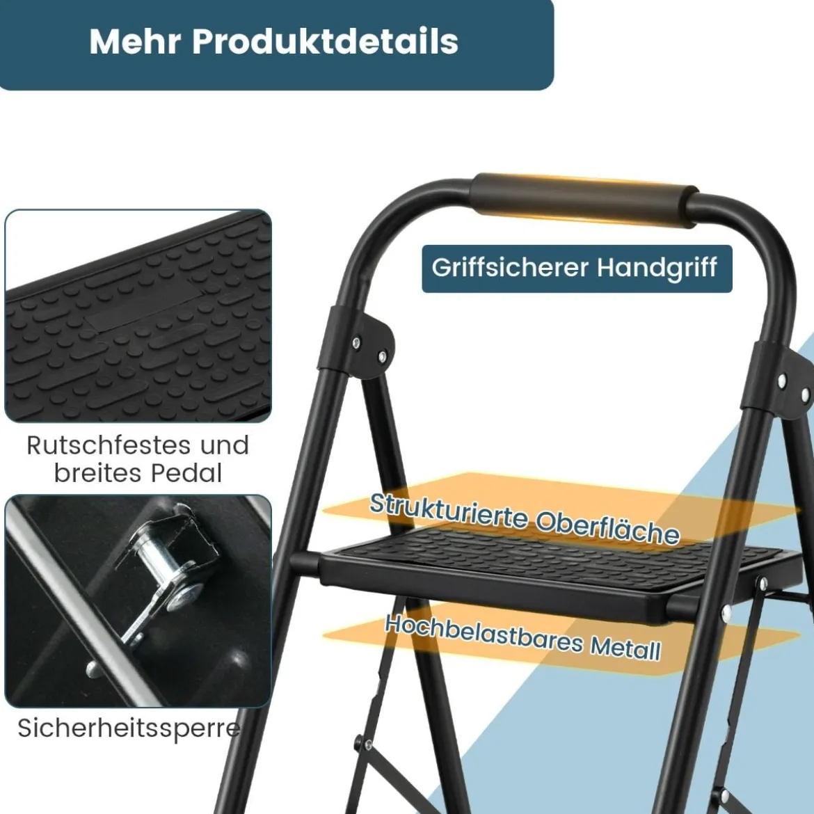 2-Stufige Leiter Klappbarer Tritthocker mit Gepolstertem Handgriff 47 x 39 x 71 cm Schwarz
