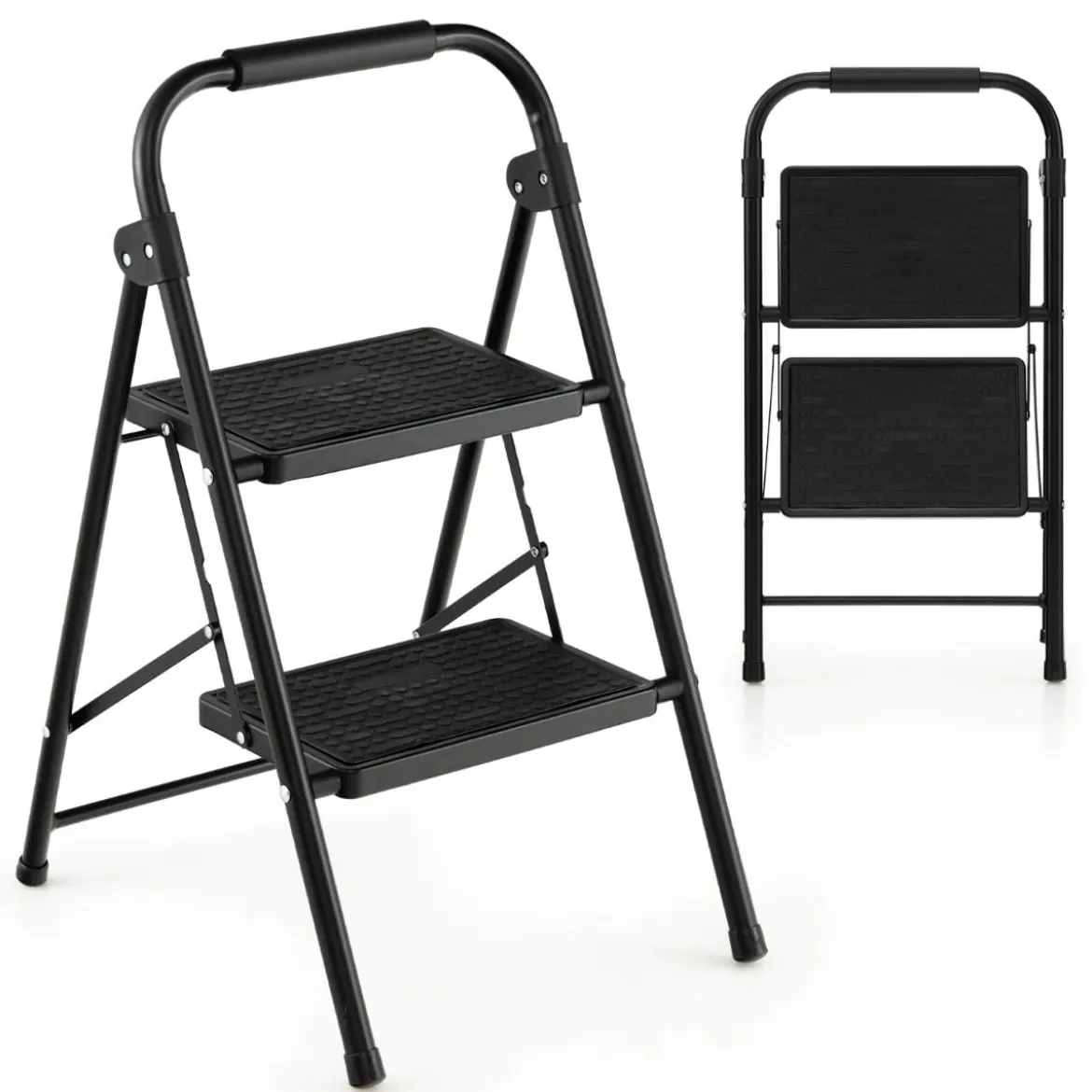 2-Stufige Leiter Klappbarer Tritthocker mit Gepolstertem Handgriff 47 x 39 x 71 cm Schwarz