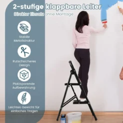 2-Stufige Leiter Klappbarer Tritthocker mit Gepolstertem Handgriff 47 x 39 x 71 cm Schwarz