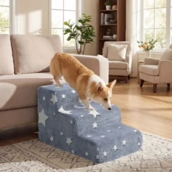 3-stufige Leuchtende Schaumstoff Hundetreppen mit Waschbarer Flanellbezug Haustiertreppe Grau