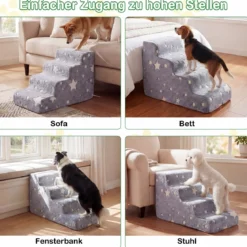 4-stufige Leuchtende Schaumstoff Hundetreppen mit Waschbarer Flanellbezug Haustiertreppe Grau