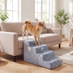 4-stufige Leuchtende Schaumstoff Hundetreppen mit Waschbarer Flanellbezug Haustiertreppe Grau