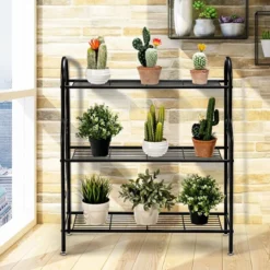 3-stufige Metall Blumentreppe Pflanzenständer Pflanzenregal Pflanzentreppe 72 x 25 x 85 cm Schwarz