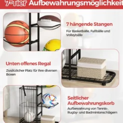 7-stufiger Ball Lagerregal mit Abnehmbaren Hängestangen & Augbewahrungskorb