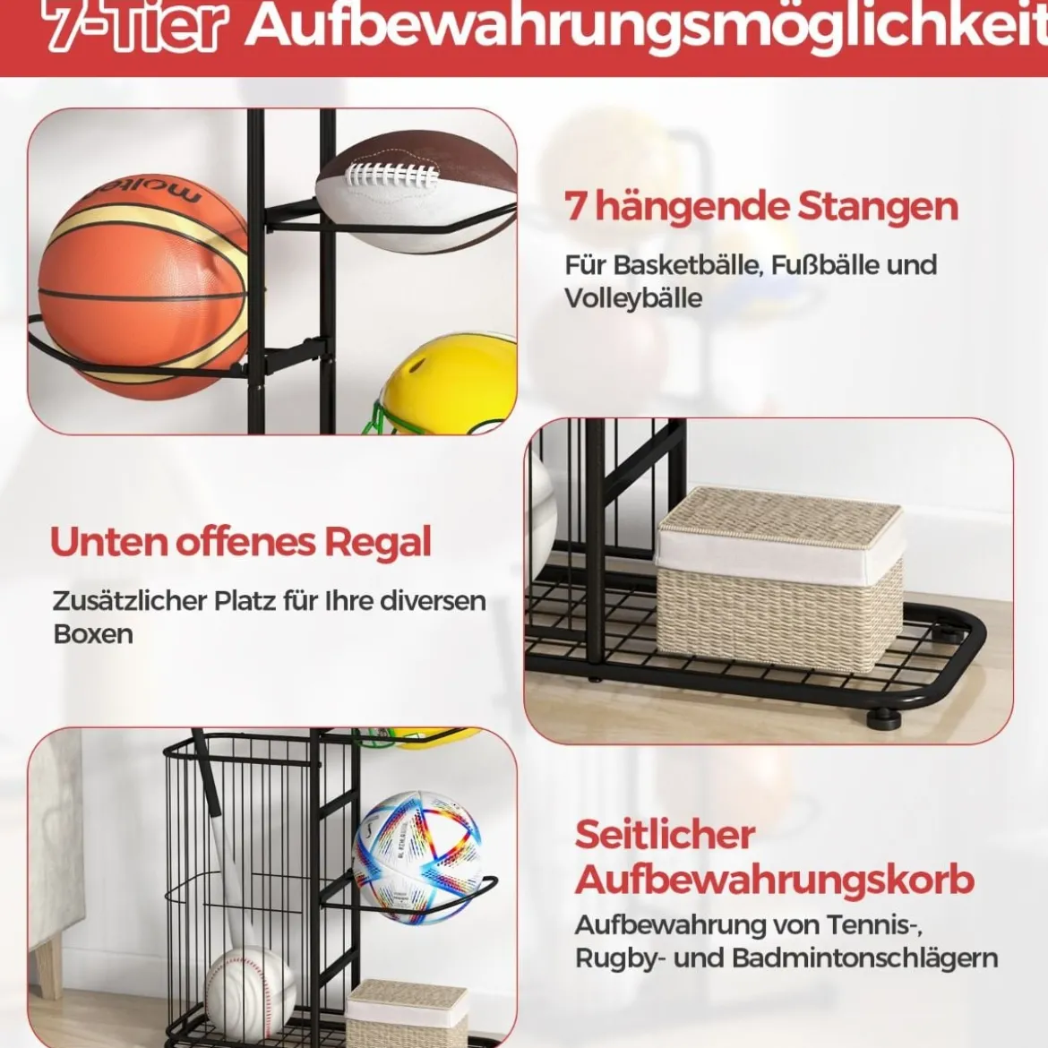 7-stufiger Ball Lagerregal mit Abnehmbaren Hängestangen & Augbewahrungskorb