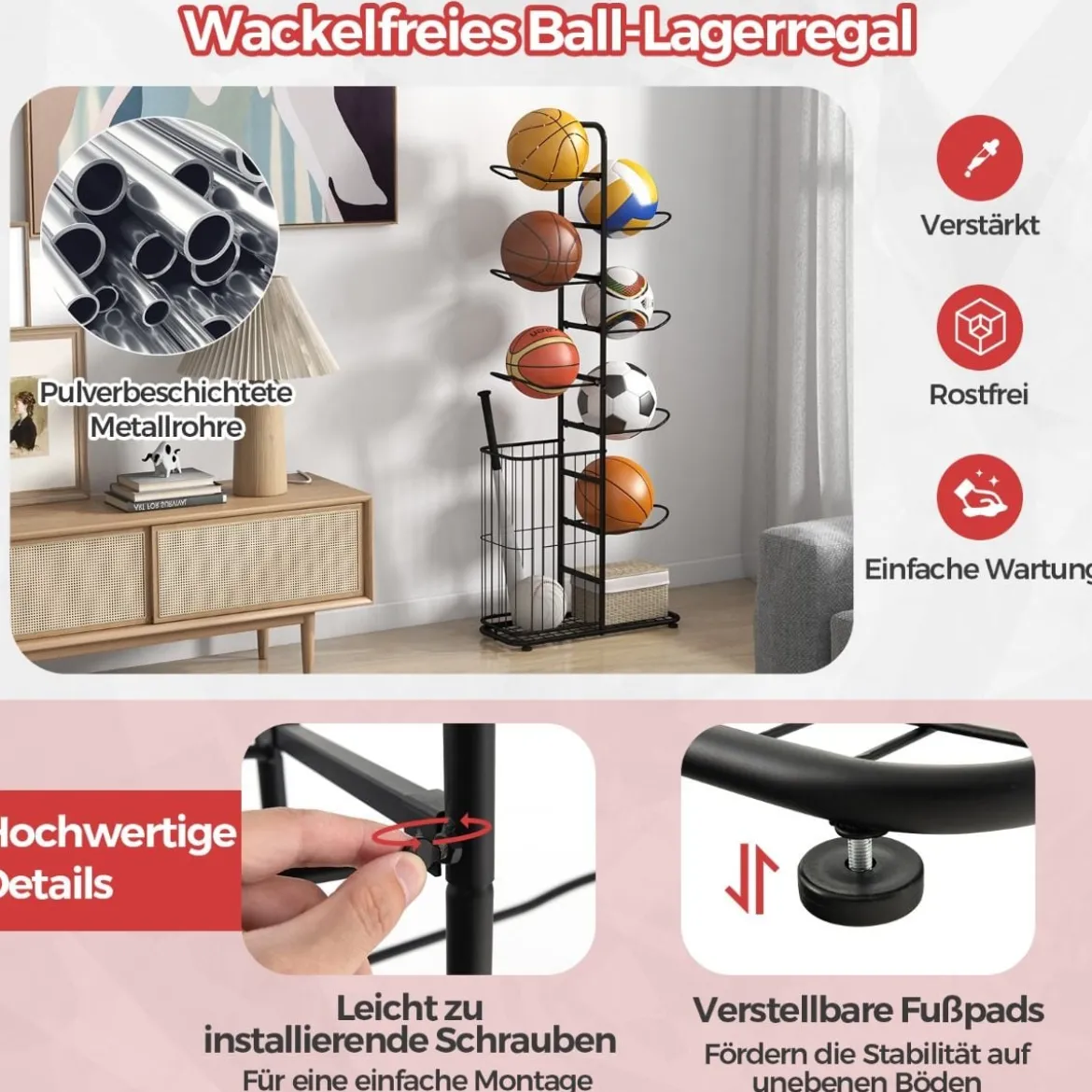 7-stufiger Ball Lagerregal mit Abnehmbaren Hängestangen & Augbewahrungskorb