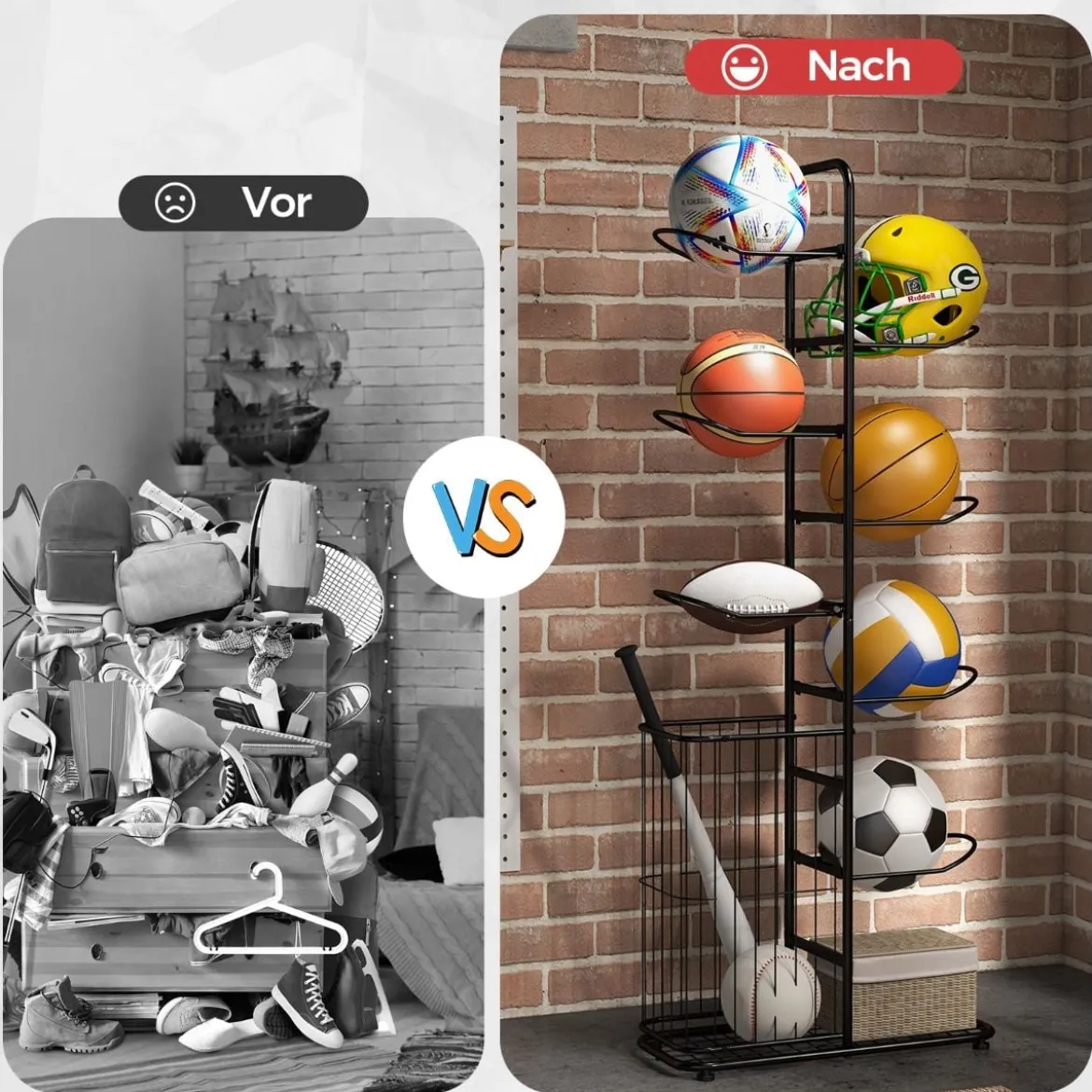 7-stufiger Ball Lagerregal mit Abnehmbaren Hängestangen & Augbewahrungskorb