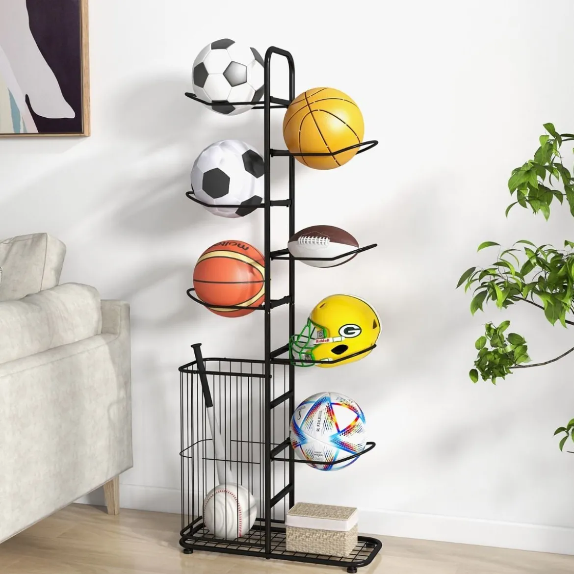 7-stufiger Ball Lagerregal mit Abnehmbaren Hängestangen & Augbewahrungskorb