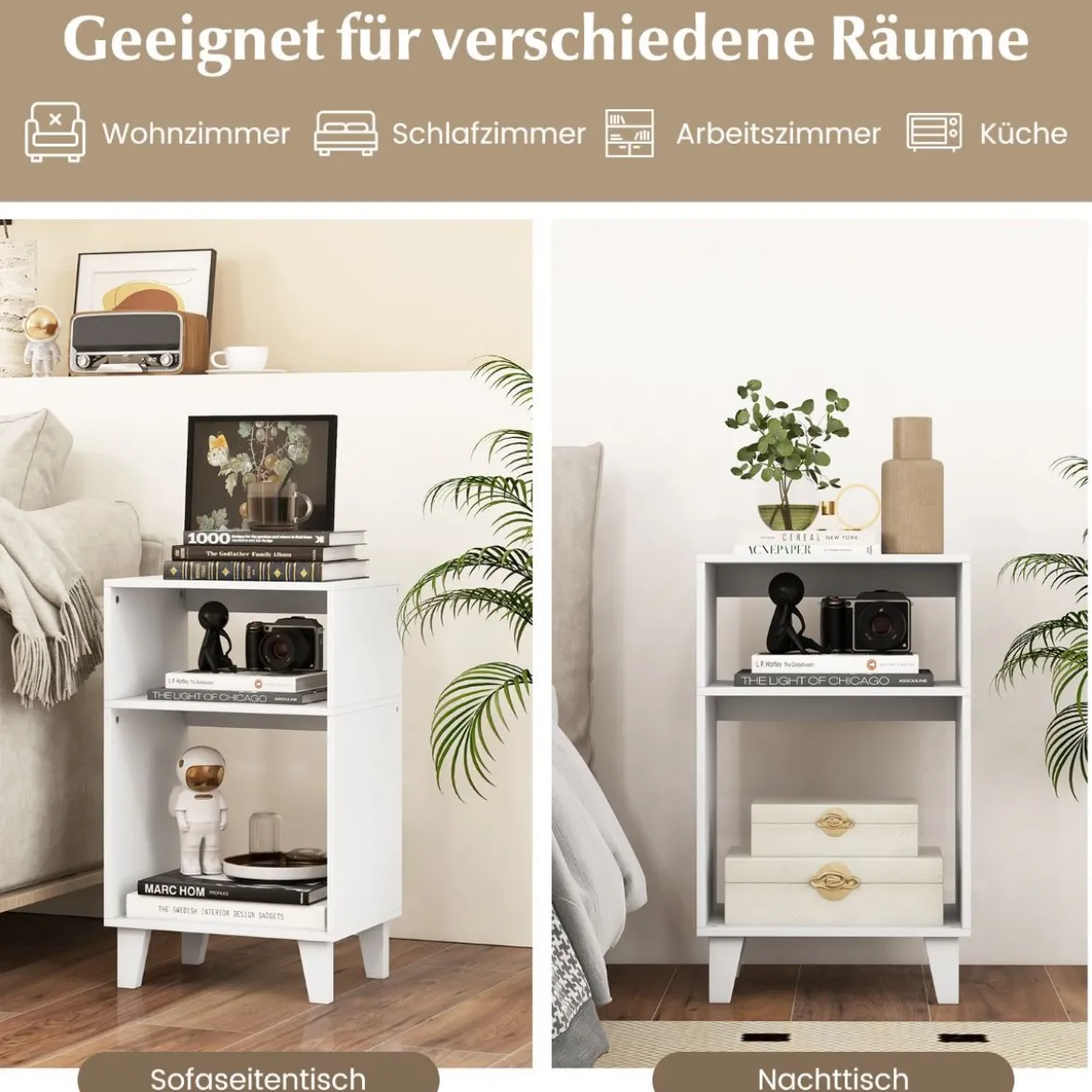 3-stufiger Beistelltisch Nachttisch mit Ablagen & Beinen 39,5 x 29,5 x 65 cm Weiß