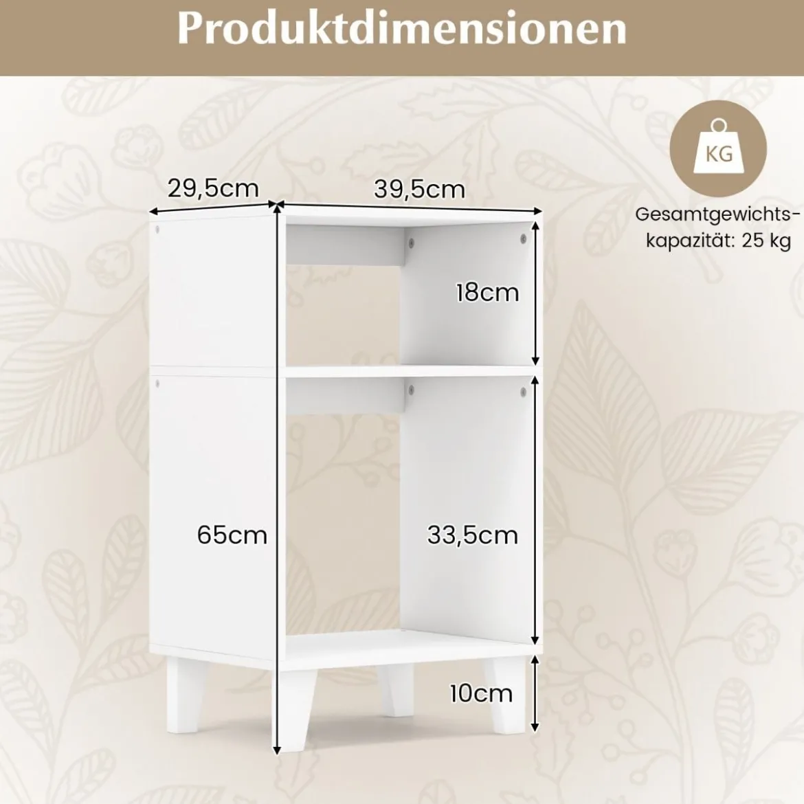 3-stufiger Beistelltisch Nachttisch mit Ablagen & Beinen 39,5 x 29,5 x 65 cm Weiß