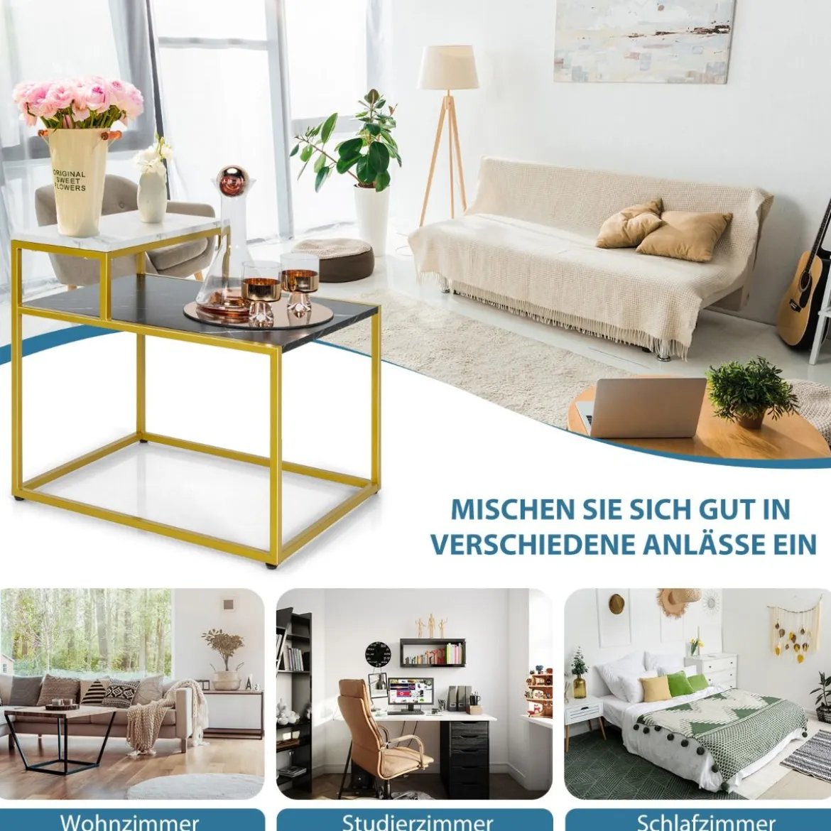 2-stufiger Beistelltisch Sofatisch mit Ablagefläche für Wohnzimmer 61 x 45,5 x 56 cm Schwarz + Weiß