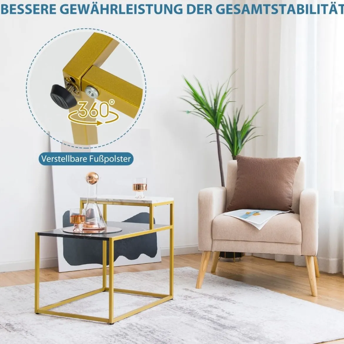 2-stufiger Beistelltisch Sofatisch mit Ablagefläche für Wohnzimmer 61 x 45,5 x 56 cm Schwarz + Weiß