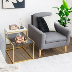 2-stufiger Beistelltisch Sofatisch mit Ablagefläche für Wohnzimmer 61 x 45,5 x 56 cm Schwarz + Weiß