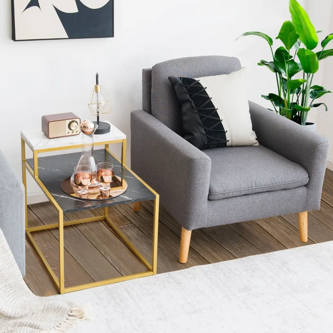 2-stufiger Beistelltisch Sofatisch mit Ablagefläche für Wohnzimmer 61 x 45,5 x 56 cm Schwarz + Weiß