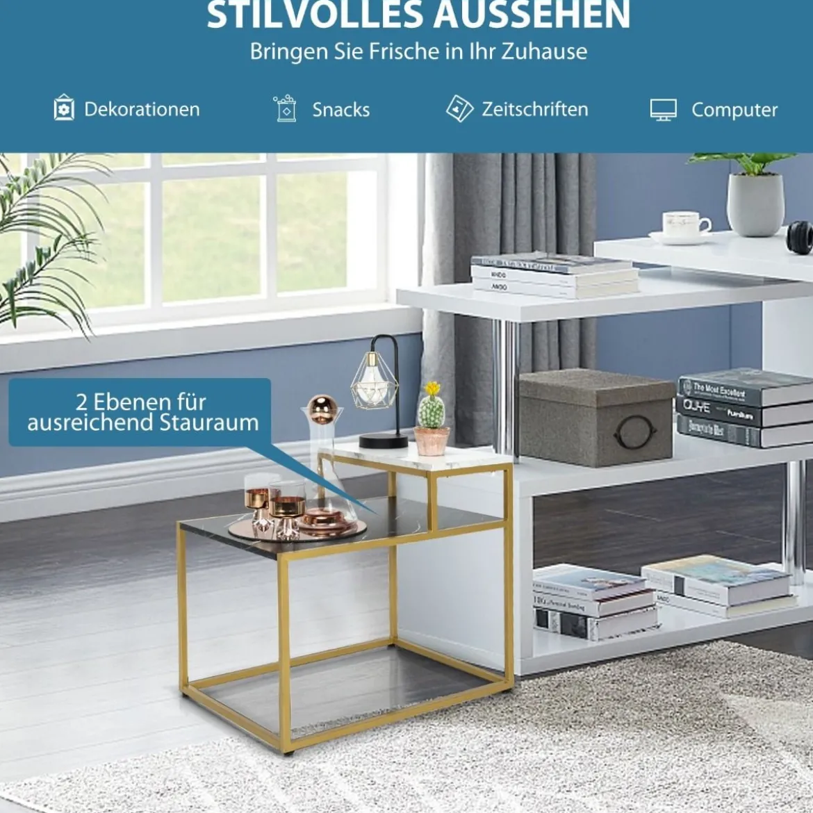 2-stufiger Beistelltisch Sofatisch mit Ablagefläche für Wohnzimmer 61 x 45,5 x 56 cm Schwarz + Weiß